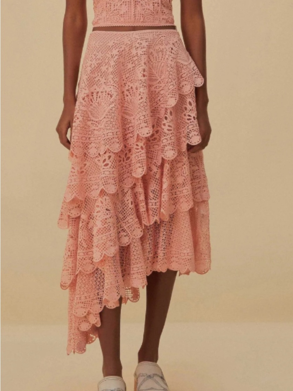 Farm Rio Lace Tiered Asymmetric Midi Skirt
